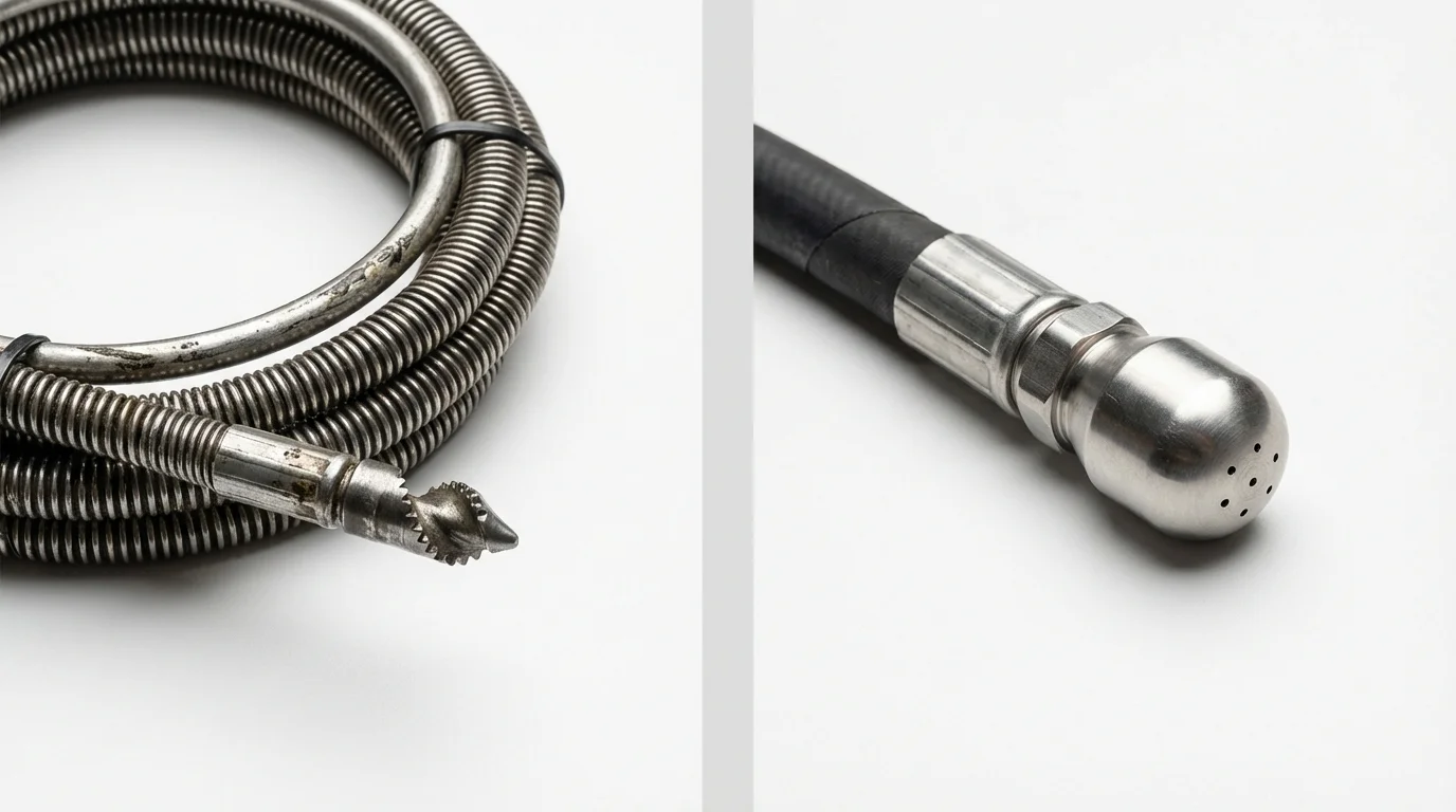 Drain snake cable and hydro jetting nozzle used for drain cleaning in Denver, CO